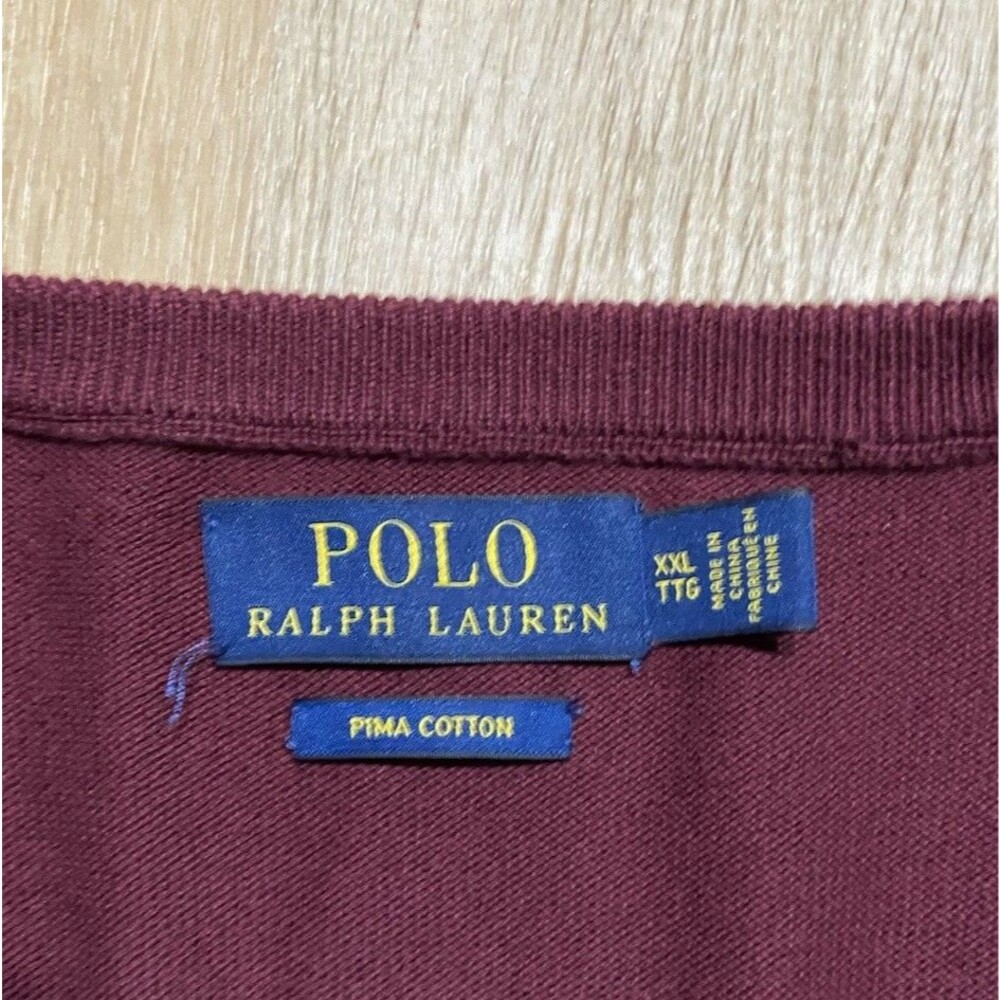 Polo Ralph Lauren Sweater Mens XXL Burgundy Pima Cotton Pullover V-Neck Pony 162 - Picture 2 of 5